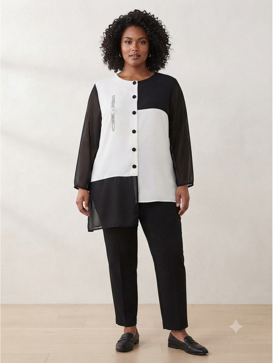Tops - Black and White Color Block Button-Up Tunic with Sheer Sleeves and Watch‎ Detail